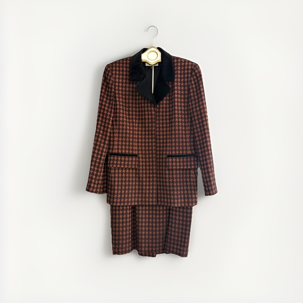 Vtg NEW Albert Nipon Skirt Suit 12 Copper Brown Black Houndstooth Career Busines